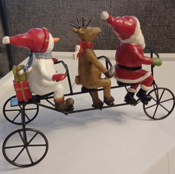 Kitsch Santa Claus and Company on Tricycle Snowman Reindeer Deer Gifts Triplet - Picture 2 of 8